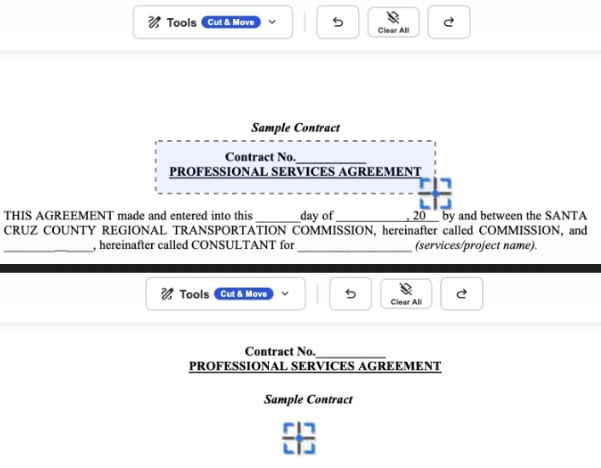 LanaPDF cut and move tool repositioning part of a PDF contract