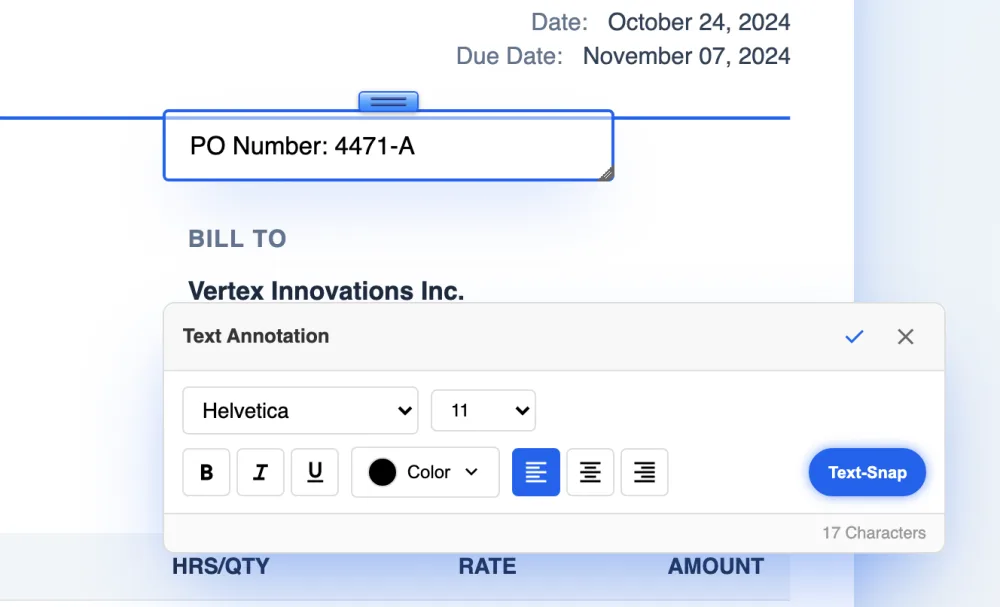 LanaPDF adding the text PO Number: 4471-A to an invoice. The Text Annotation panel shows font, size, color and Text-Snap.