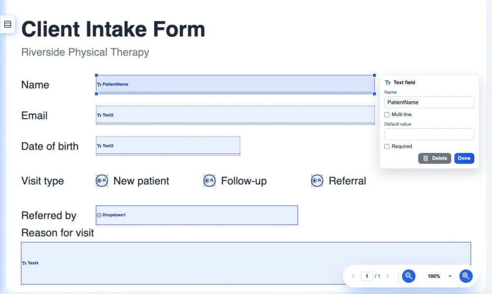 LanaPDF Forms tools on a client intake form: text fields, a radio group and a dropdown drawn on the page, with the Text field panel open showing the name PatientName.