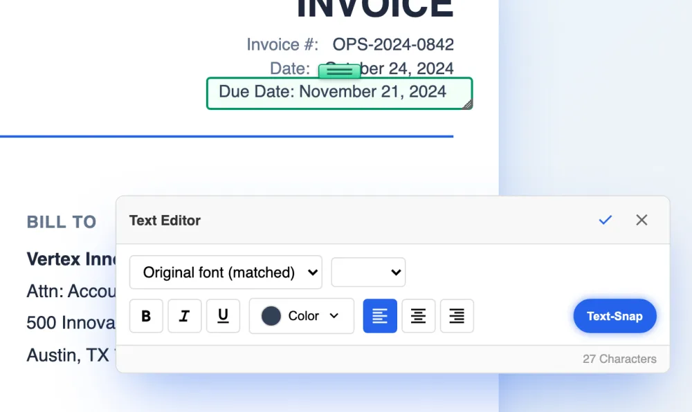 LanaPDF retyping the due date on an invoice. The Text Editor panel shows Original font (matched).