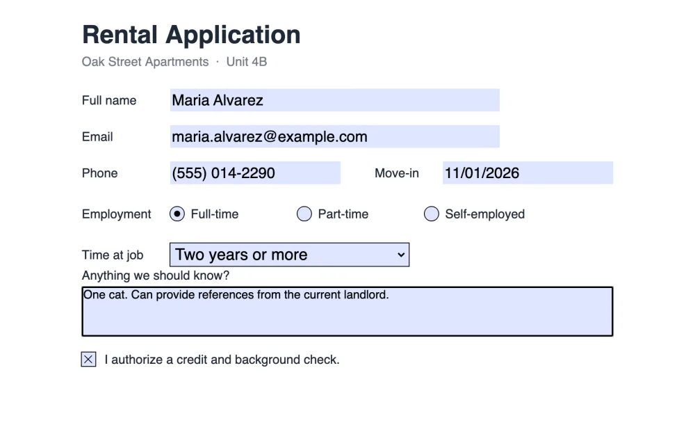 A rental application PDF being filled out in LanaPDF: text fields, a radio button, a dropdown and a ticked checkbox.