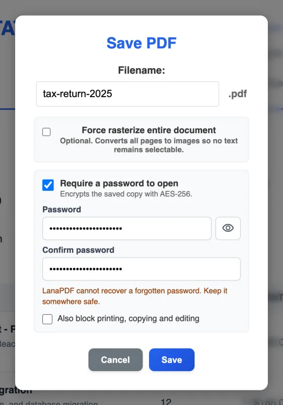 The LanaPDF Save dialog with the Require a password to open option, used to remove or add a PDF password.