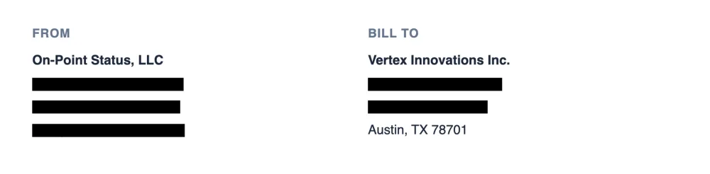 An invoice in LanaPDF with the street address, city and email of both parties blacked out.