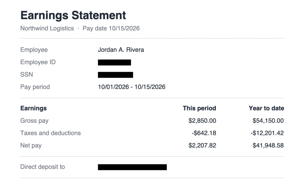 The same pay stub after redaction: the employee ID, SSN and bank account are black bars; pay figures and dates are unchanged.