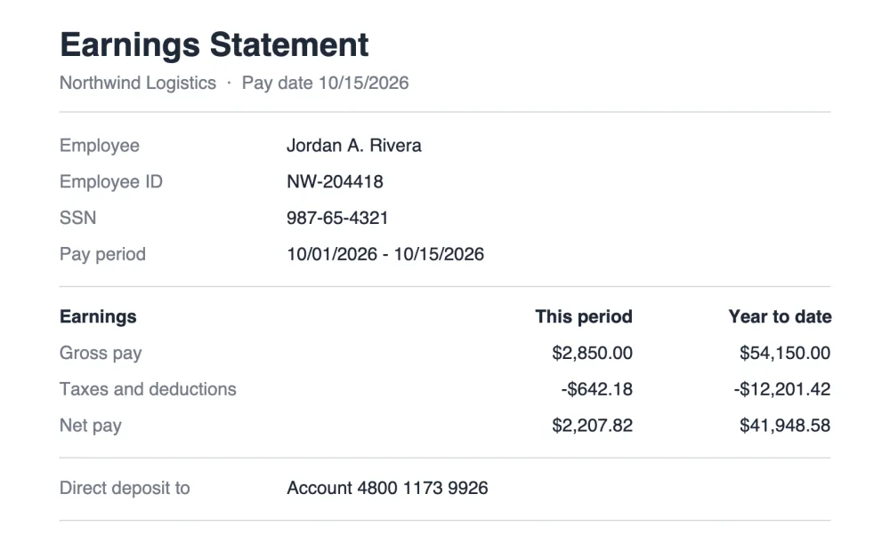 A pay stub showing an employee ID, a Social Security number and a direct deposit account number.