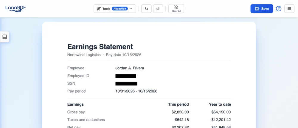 The LanaPDF editor with the Redaction tool selected over a pay stub.