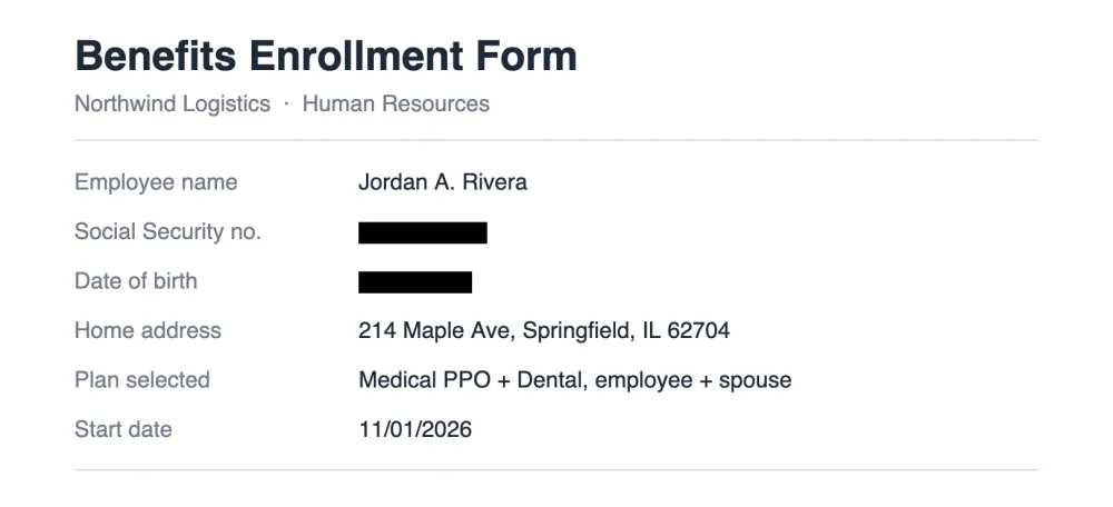 The same form after redaction: the Social Security number and date of birth are covered by black bars.