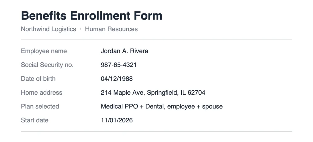 A benefits enrollment form showing a Social Security number and date of birth.