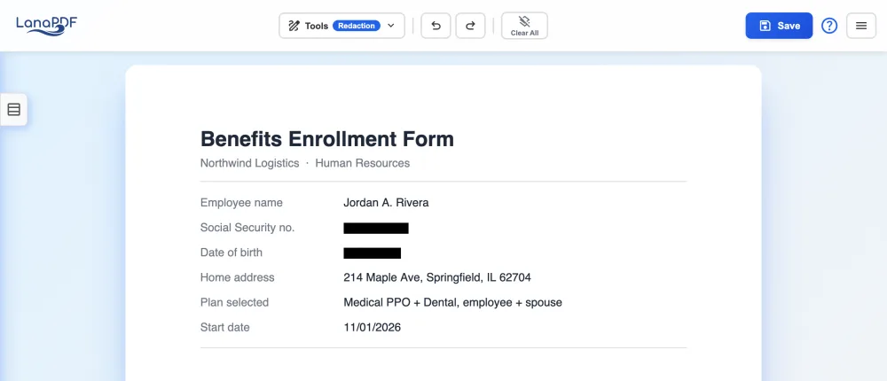 The LanaPDF editor with the Redaction tool selected and two black redaction bars over a Social Security number and a date of birth.