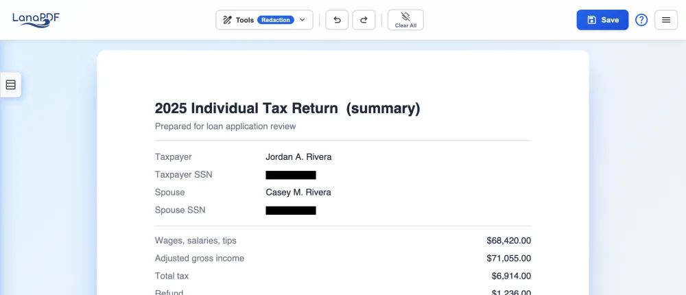 The LanaPDF editor with the Redaction tool selected over a tax return summary.