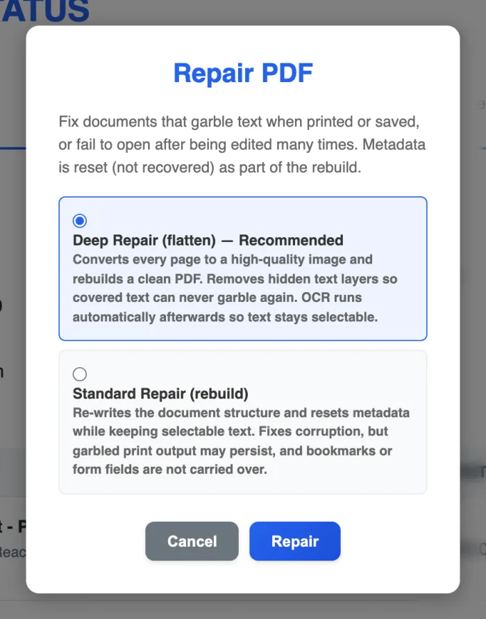 The LanaPDF Repair PDF dialog offering Deep Repair (flatten), recommended, and Standard Repair (rebuild).