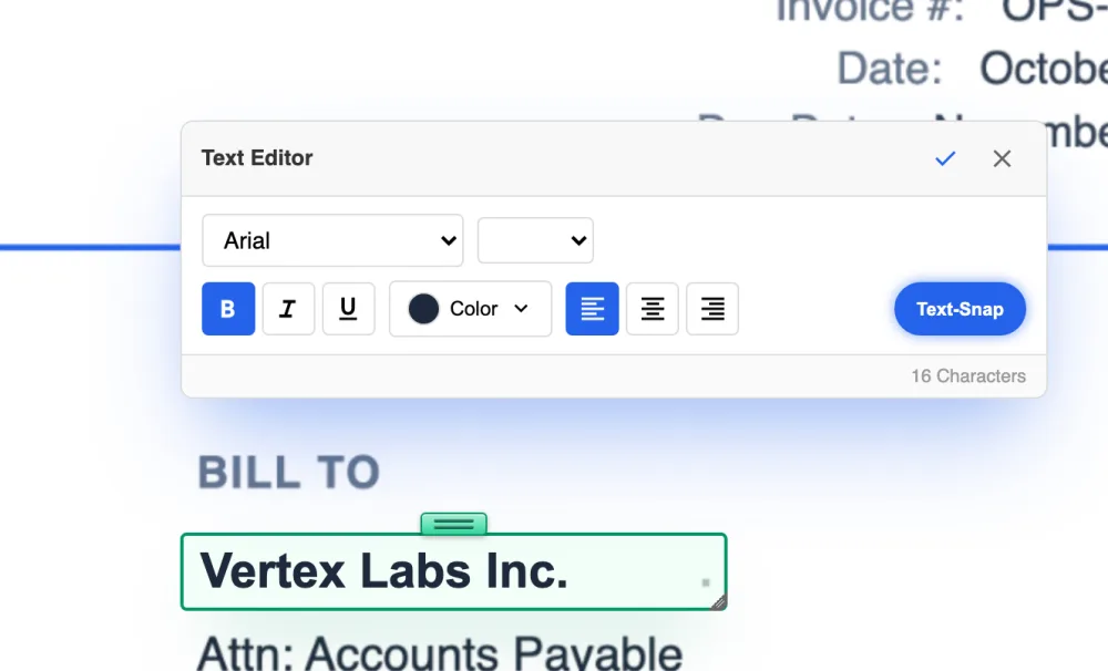 A scanned invoice in LanaPDF after OCR. The customer name line is open for editing and the Bold button is on.