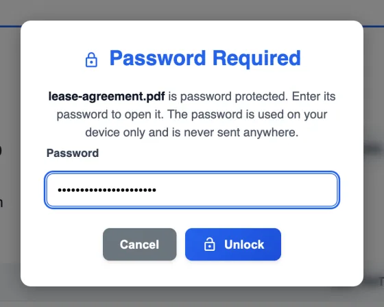 LanaPDF Password Required dialog for lease-agreement.pdf, with the password typed and an Unlock button.