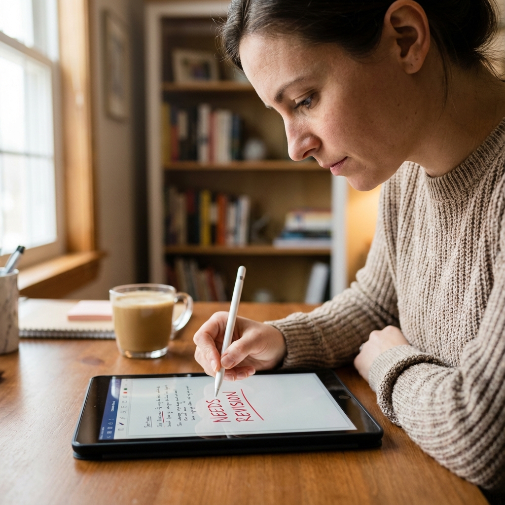 Editor reviewing document on tablet