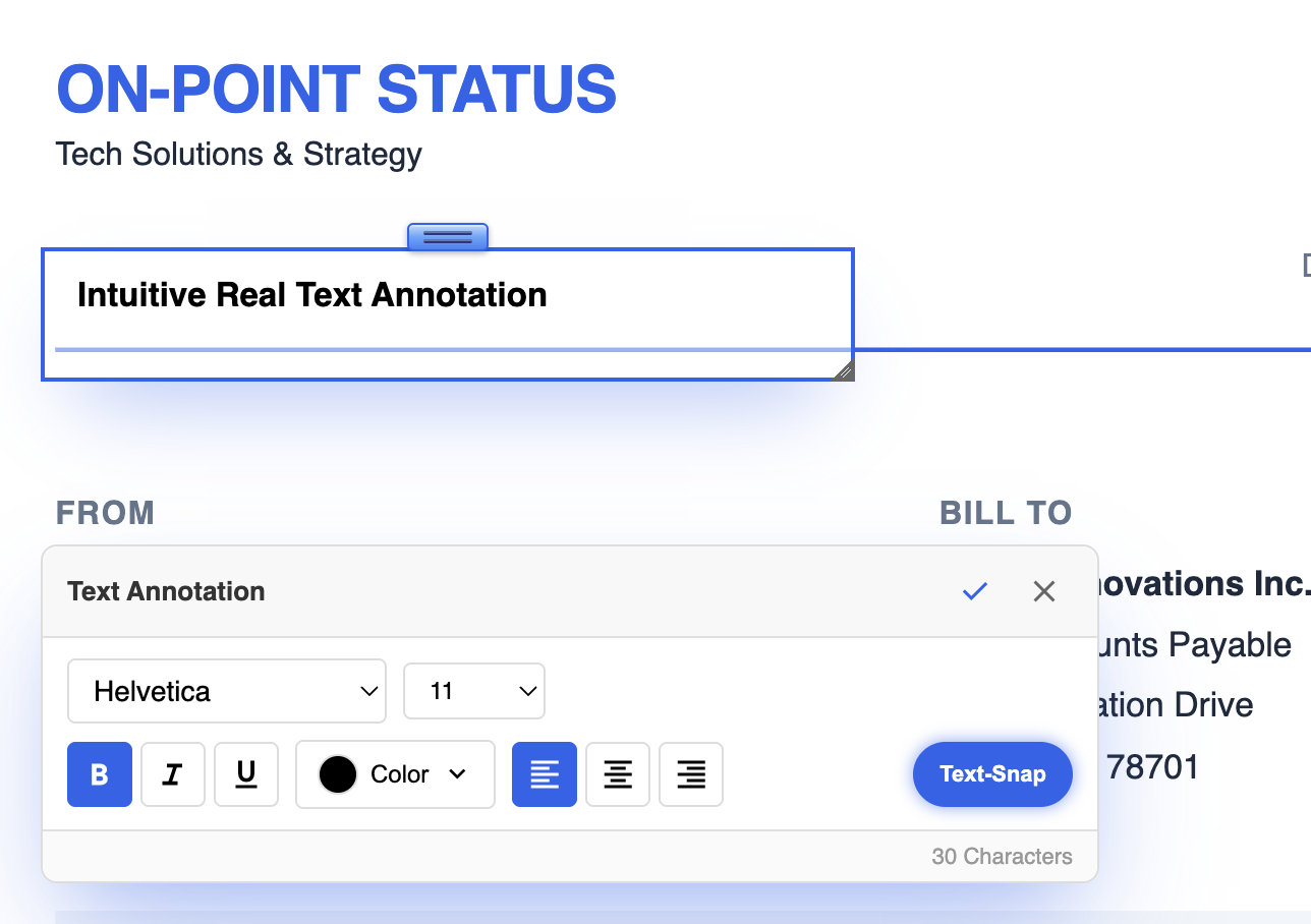 LanaPDF text annotation controls with font and alignment options