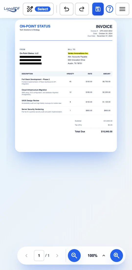 LanaPDF in Chrome on an Android phone. The sender's address and email on an invoice are redacted and the customer name is highlighted.