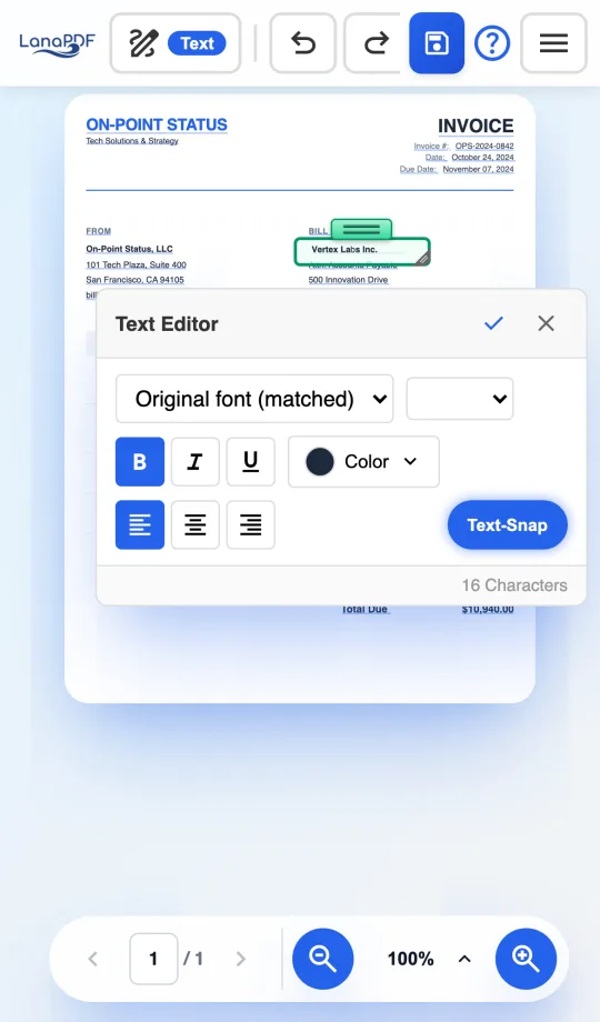 LanaPDF in Safari on an iPhone, editing the company name on an invoice. The Text Editor panel shows Original font (matched).
