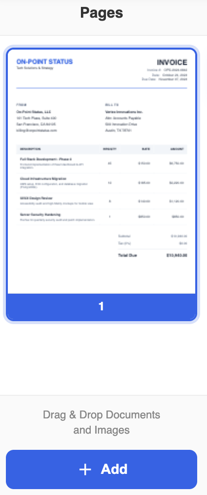 LanaPDF page sidebar for adding, removing, and rearranging document pages