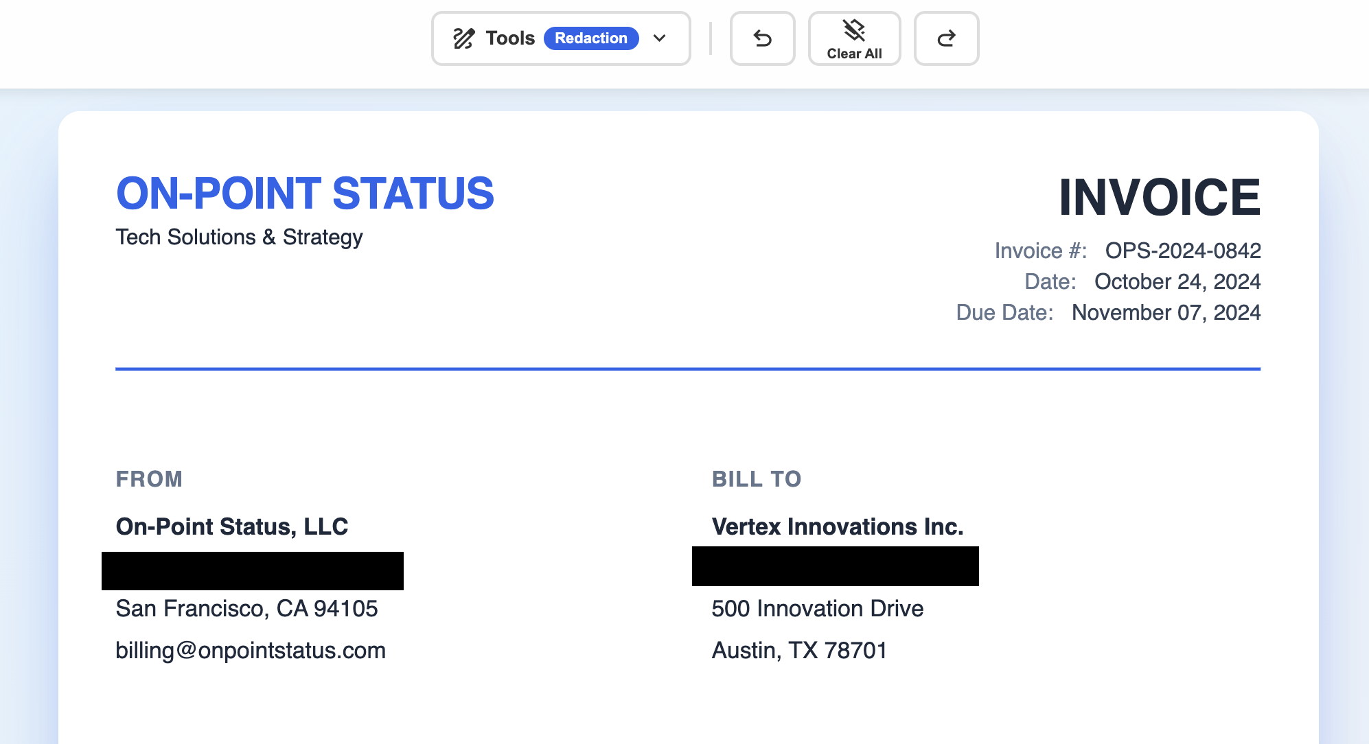 LanaPDF invoice view showing true redaction capability